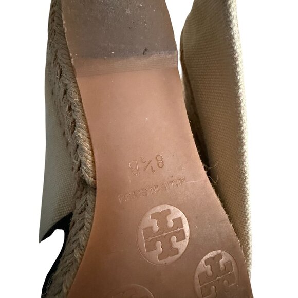 TORY BURCH Beige Black Canvas Logo Peeptoe Wedges Espadrilles Size 8.5 - Picture 4 of 12